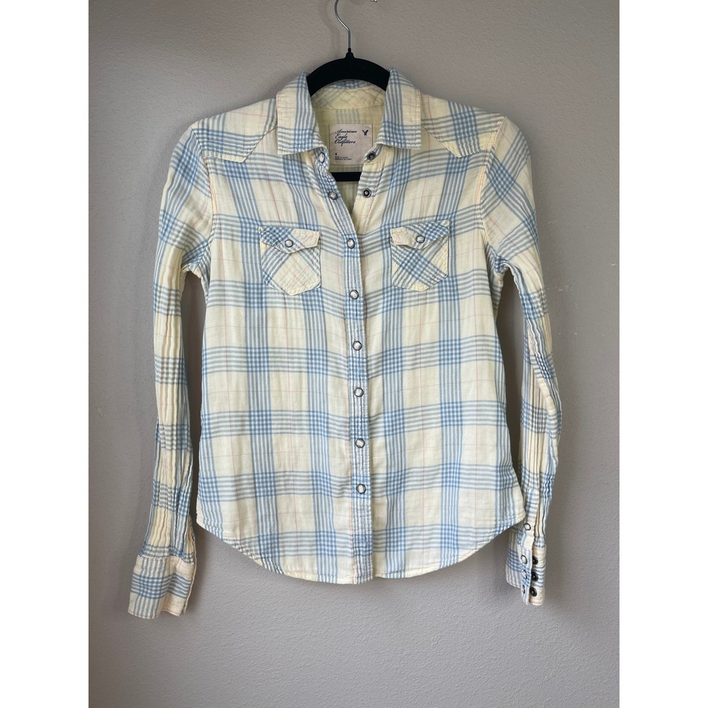 vintage y2k American Eagle Western Shirt Yellow Blue Plaid snap button front